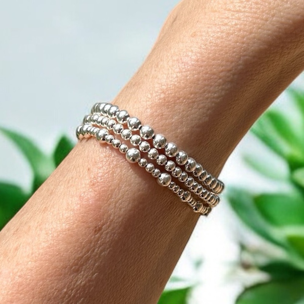 Set Stack of 3 Silver Bead Bracelet Real Sterling .925 beads stretch, waterproof